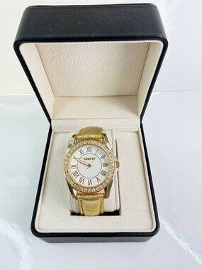 Manhattan by Croton Women’s Gold Tone Rhinestone Watch Leather Strap CM204247